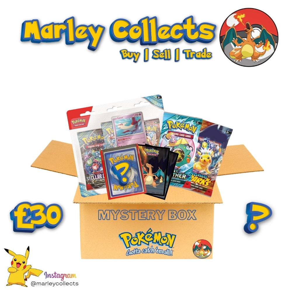 Pokemon Card Mystery Box - £30 - Includes Sealed Mini Tin or Blister | Ultra Rare Card | Booster Packs