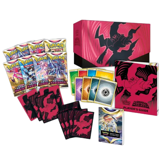 Front view of the Contents of the Pokémon Trading Card Game Sword & Shield Astral Radiance Elite Trainer Box, 8 Astral Radiance Booster Packs, Card Sleeves and Dividers.