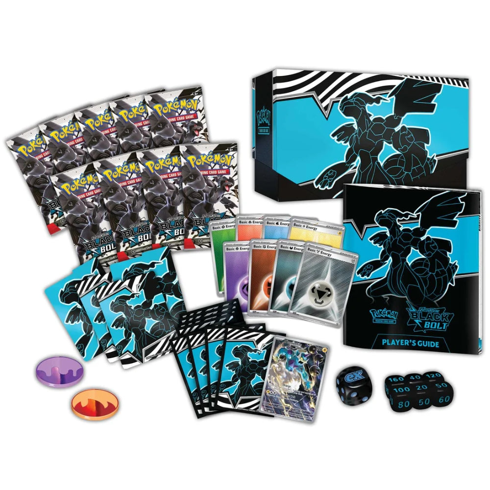 View of the of contents of the new Pokemon Scarlet and Violet Expansion Black Bolt Elite Trainer Box Including 9 Booster packs, Promo Card, Energy cards, Dice and more.