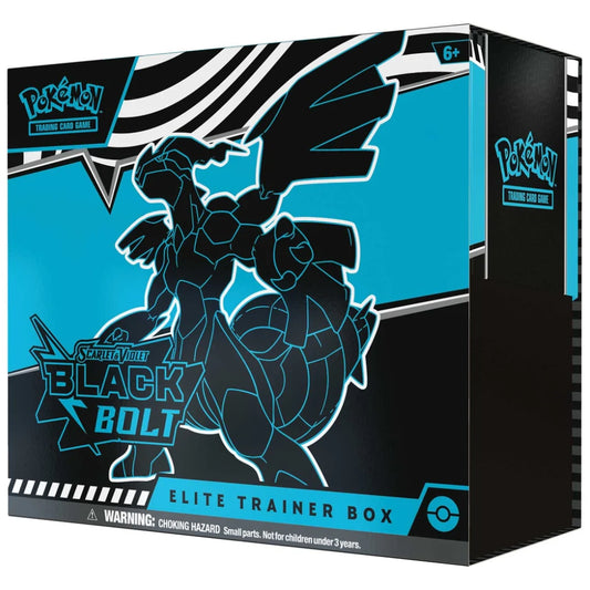 Front angled view of the new Pokemon Scarlet and Violet Expansion Black Bolt Elite Trainer Box.