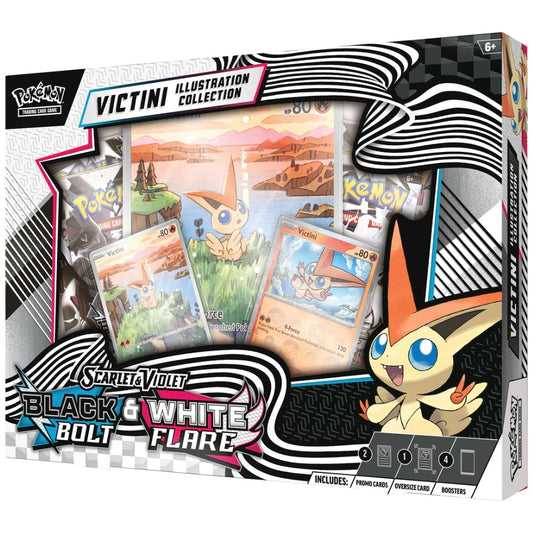 Pokémon TCG Scarlet & Violet Victini Illustration Collection box featuring exclusive promo cards and booster packs.