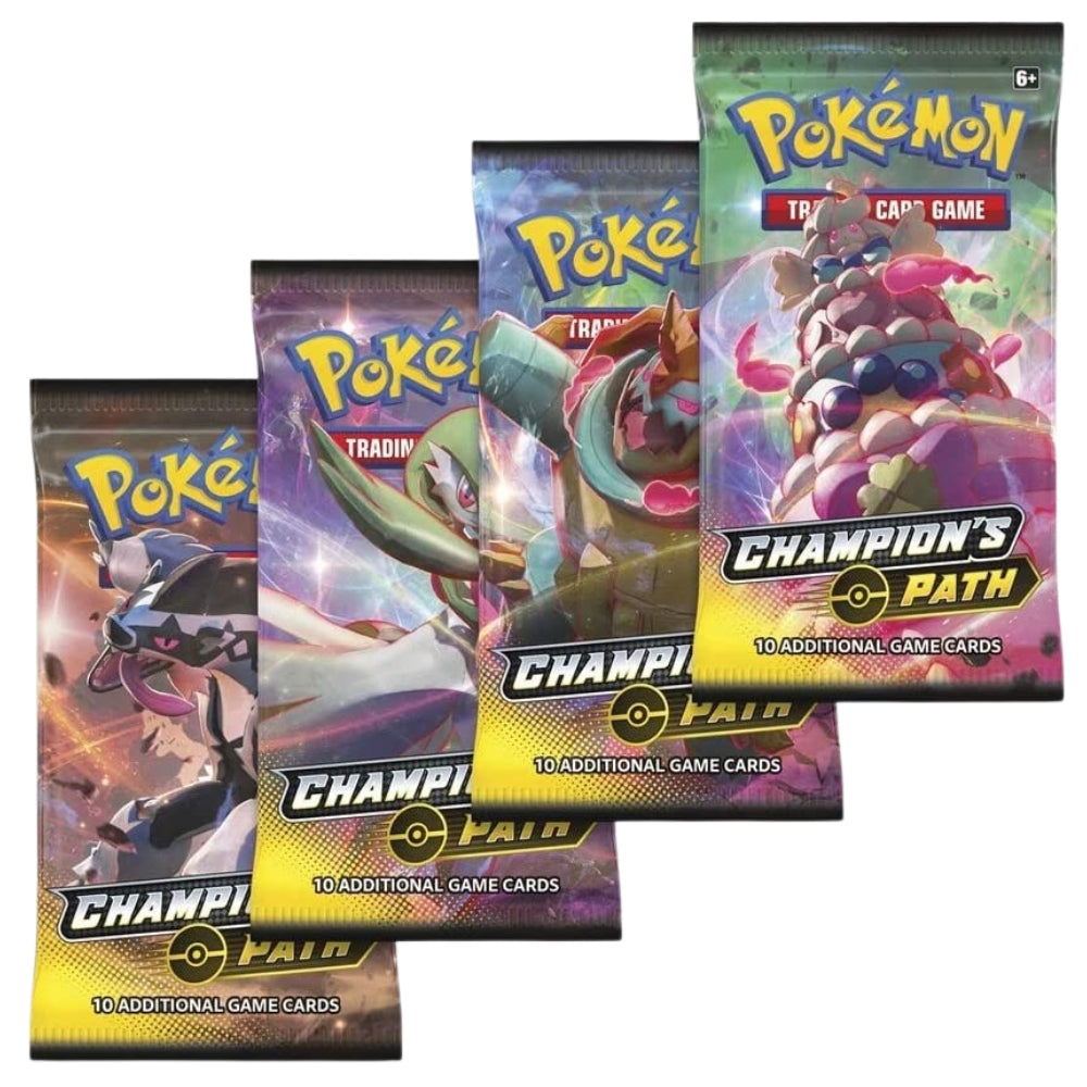 Front of Pokémon Champion’s Path booster packs with assorted designs.