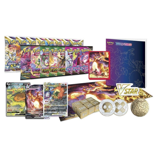 View of all the contents in The Pokemon Trading Card Game Sword and Shield Charizard Ultra Premium Collection.