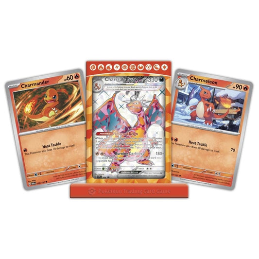 Charizard, Charmander, and Charmeleon foil promo cards and Magnetic card display case included in the box.