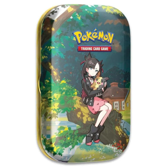 Front view of The Pokemon Trading Card Game Sword and Shield Crown Zenith Mini Tin Featuring Marnie and Morpeko.