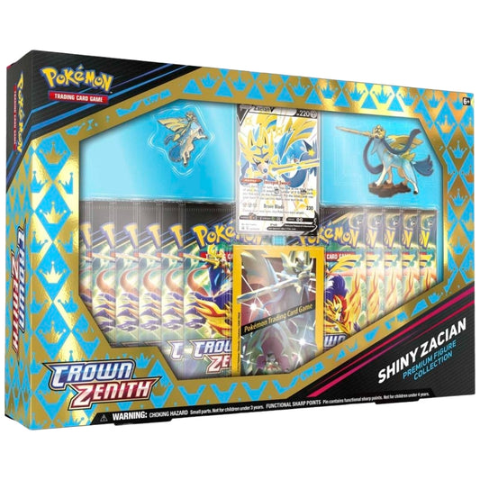 Front angled view of the Pokemon trading card game Sword and Shield Crown Zenith Shiny Zacian Premium Figure Collection.