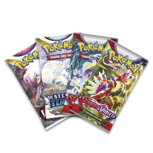 Four Pokémon TCG booster packs packaged with Cyclizar ex Box.