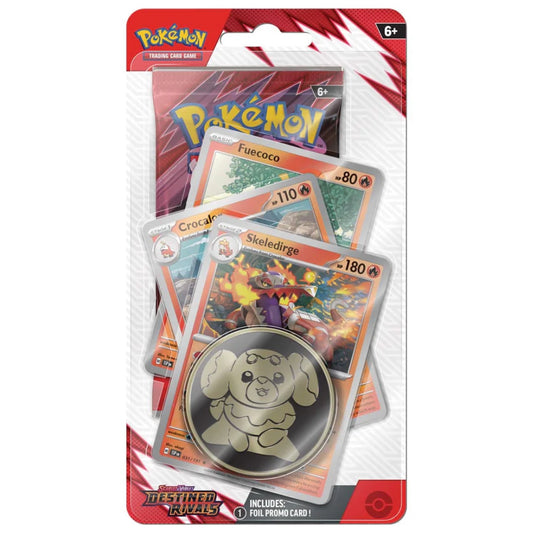Pokémon TCG Scarlet & Violet Destined Rivals Premium Checklane Blister featuring booster pack, foil Evolution line, and collectible coin.