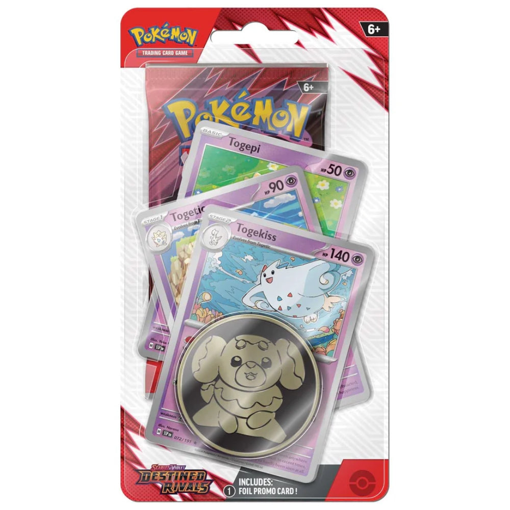 Pokémon TCG Scarlet & Violet Destined Rivals Premium Checklane Blister featuring booster pack, foil Evolution line, and collectible coin.