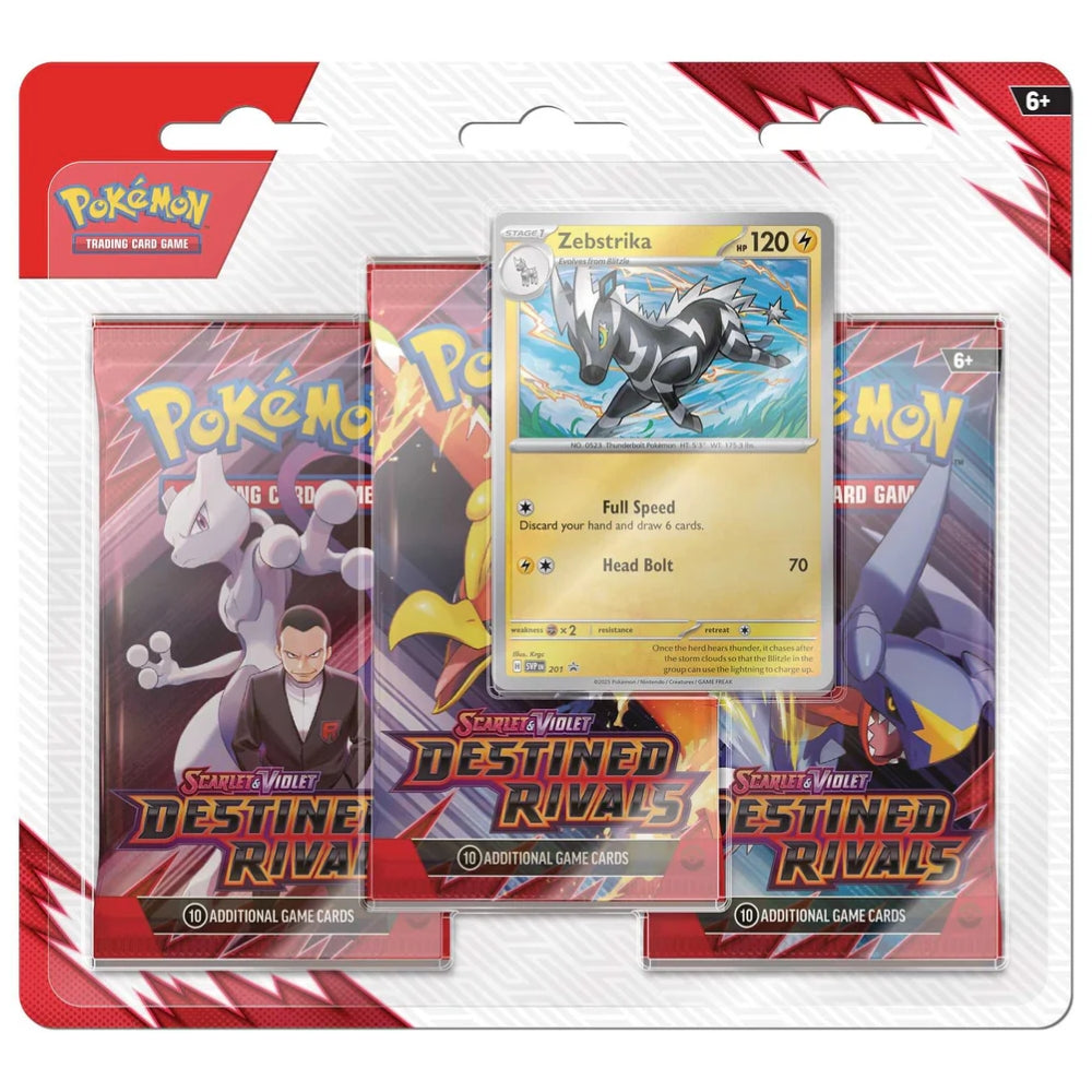 Front view of the Pokemon Scarlet and Violet three pack triple blister featuring Zebstrika Promo card and three Booster packs.