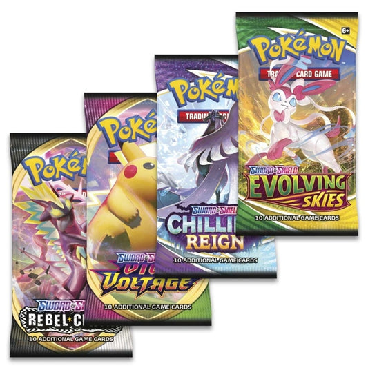 Booster Packs contained in The Pokemon Trading Card Game Sword and Shield Dragonite V Box including Evolving Skies, Chilling Reign, Vivid Voltage and Rebel Clash.