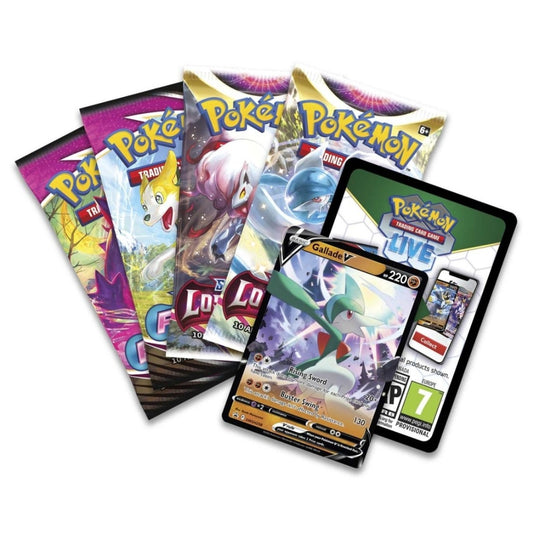 Contents included in the Pokemon Trading Card Game Hidden Potential Tin featuring Gallade V include Fusion Strike and Lost Origin Booster Packs.