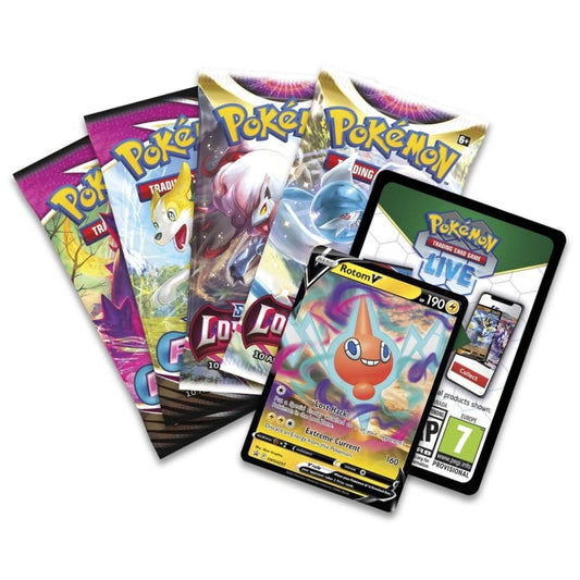 Contents of the Pokemon Trading Card Game Hidden Potential Tin featuring Rotom V Promo Card and Fusion Strike and Lost Origin Booster Packs..