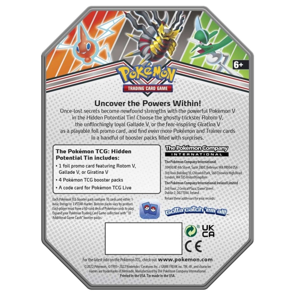 Rear view of the Pokemon Trading Card Game Hidden Potential Tin featuring Gallade V.