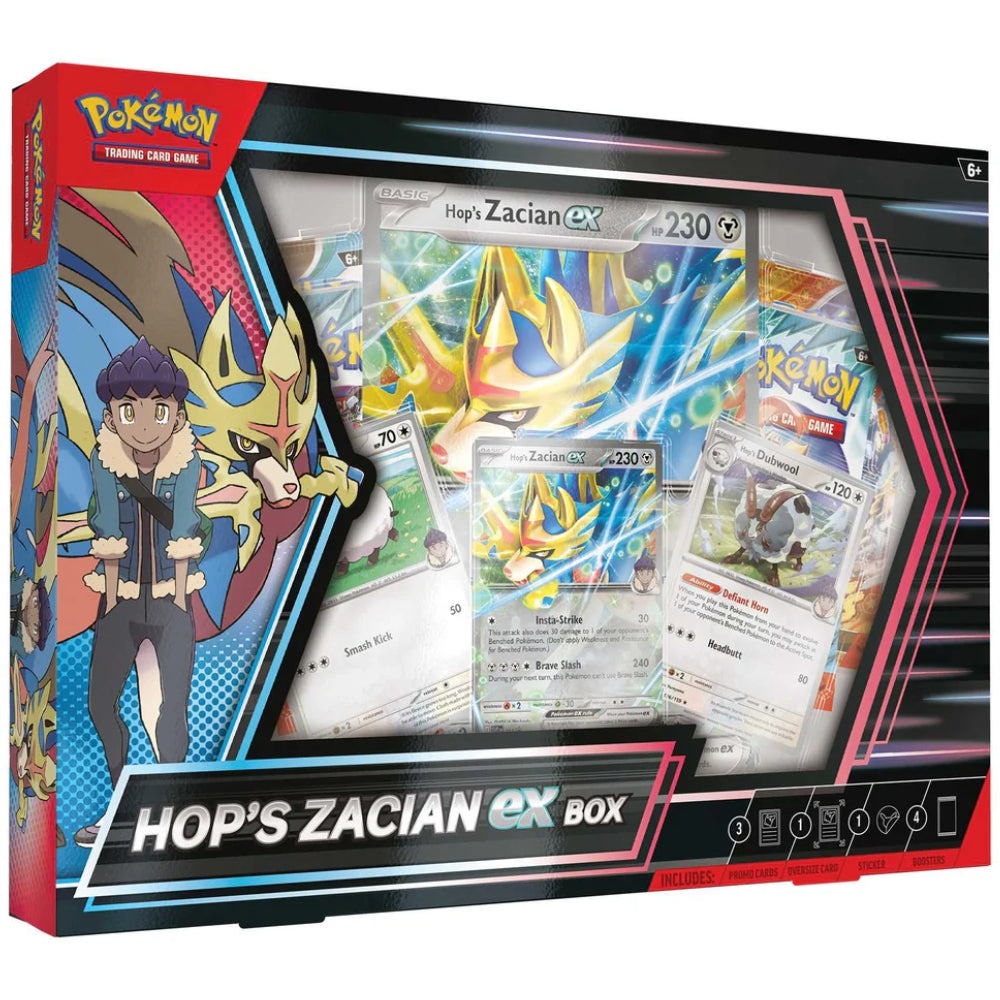 Sealed Hop’s Zacian ex Box featuring foil promo card artwork.