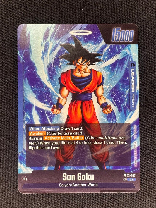 Rear view of the Full-art Son Goku Leader Alt Art from Raging Road – Dragon Ball Super Card Game.