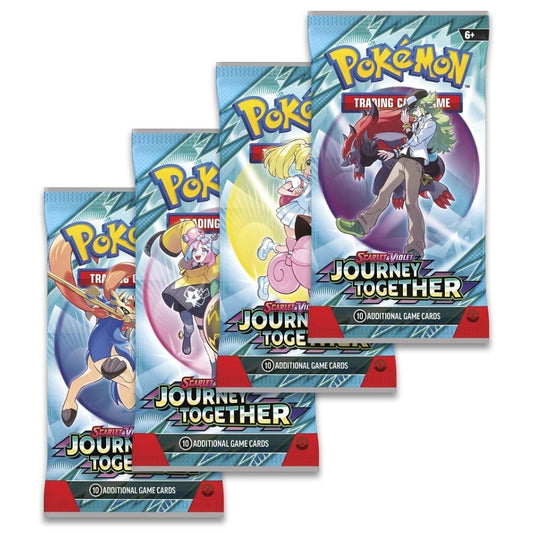 Four individual booster pack from the Journey Together expansion showcasing featured Pokémon.