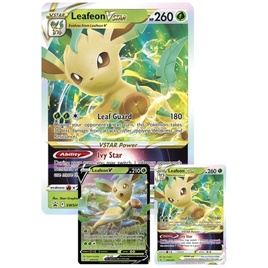Contents including Jumbo card and Black Star promo cards From the Pokemon Trading Card Game Leafeon VTAR Special Collection box from the Sword and Shield Expansion.