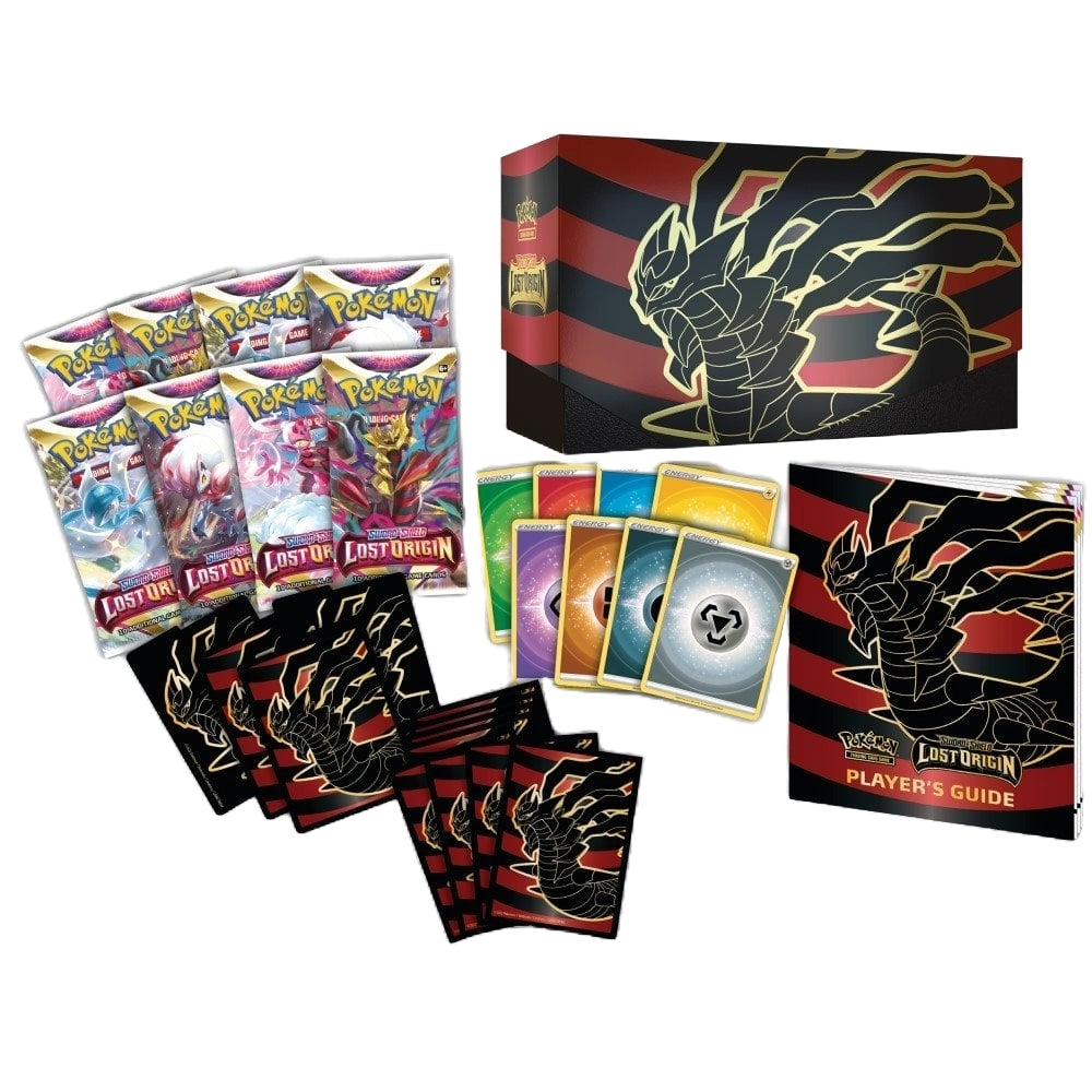 Front view of the contents of the Pokémon Trading Card Game Sword & Shield Lost Origin Elite Trainer Box, 8 Lost Origin Booster Packs, Card Sleeves and Dividers.