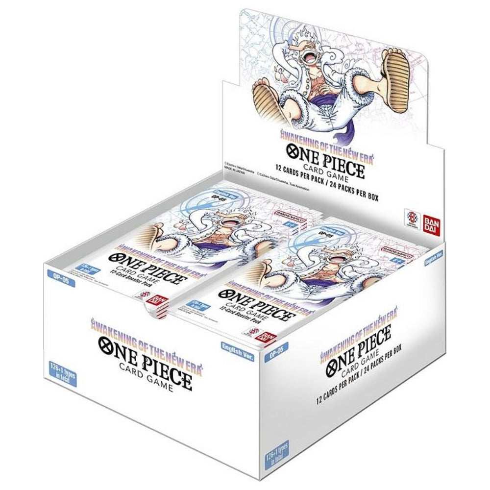 One Piece TCG OP-05 Awakening of the New Era Booster Box featuring characters from the Skypiea Arc and Revolutionary Army.