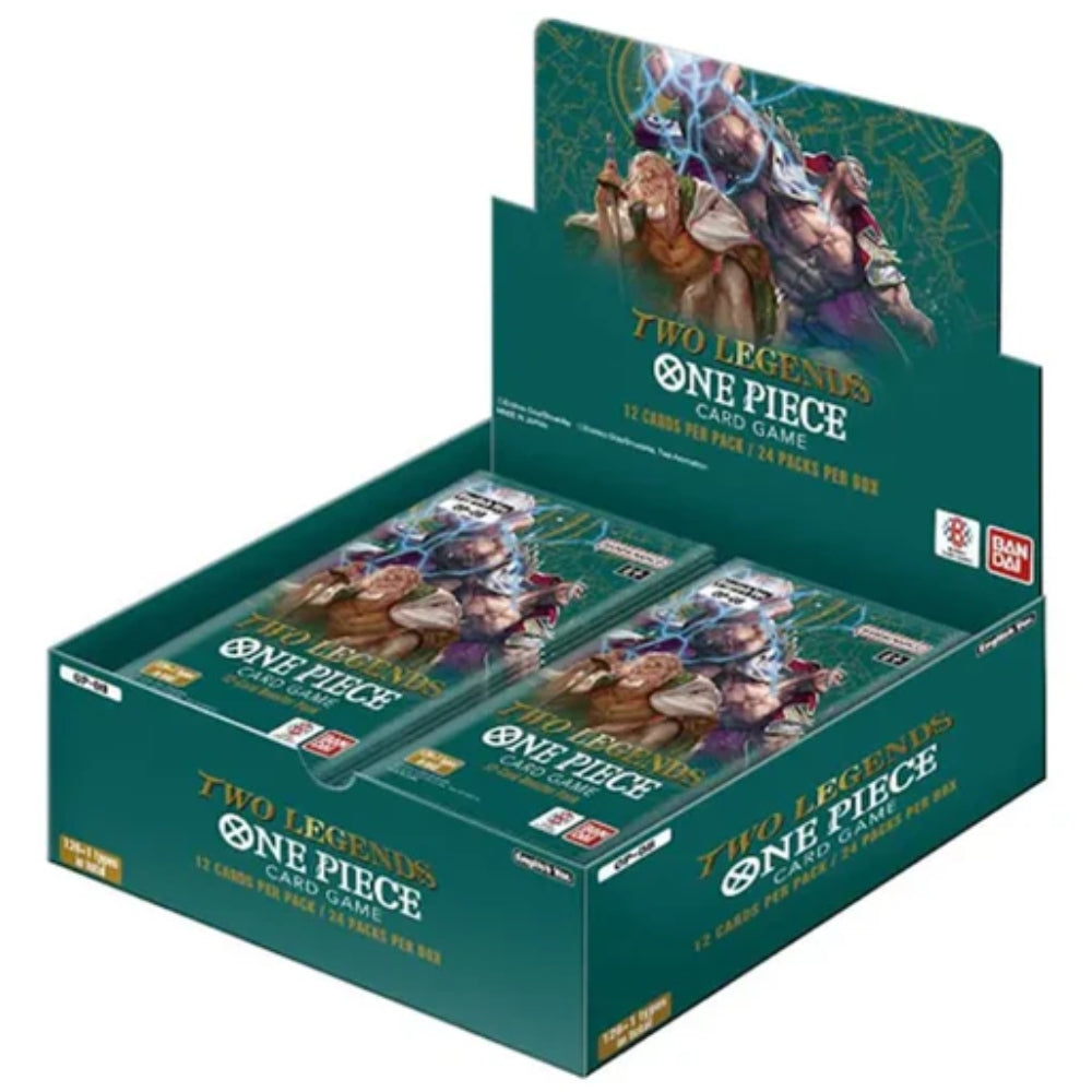 One Piece TCG OP-08 Two Legends Booster Box featuring characters like Silvers Rayleigh, Dr. Kureha, and Dr. Hiriluk.