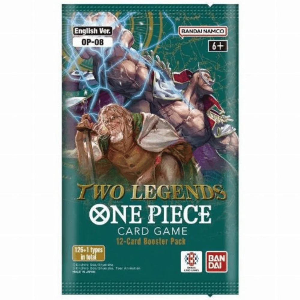 One Piece TCG OP-08 Two Legends Booster Pack featuring characters like Silvers Rayleigh, Dr. Kureha, and Dr. Hiriluk.
