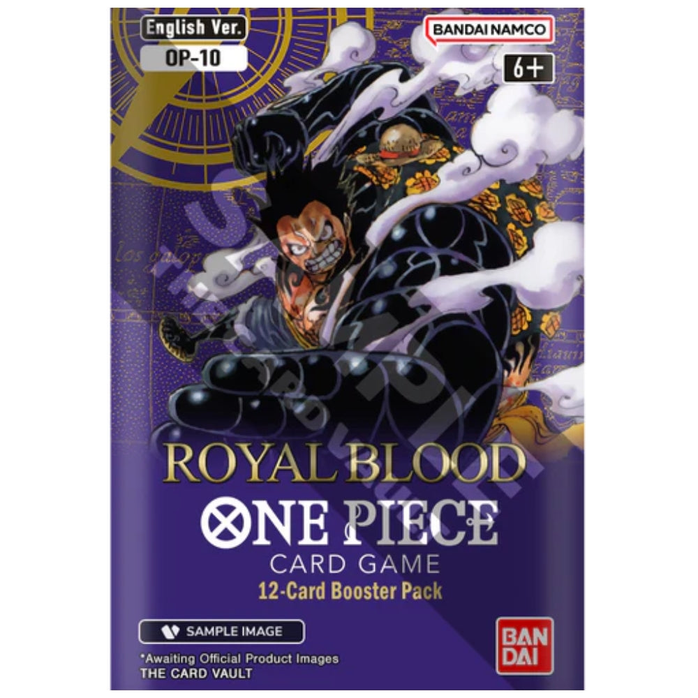 One Piece TCG OP-10 Royal Blood Booster Pack featuring characters from Dressrosa and Punk Hazard arcs.
