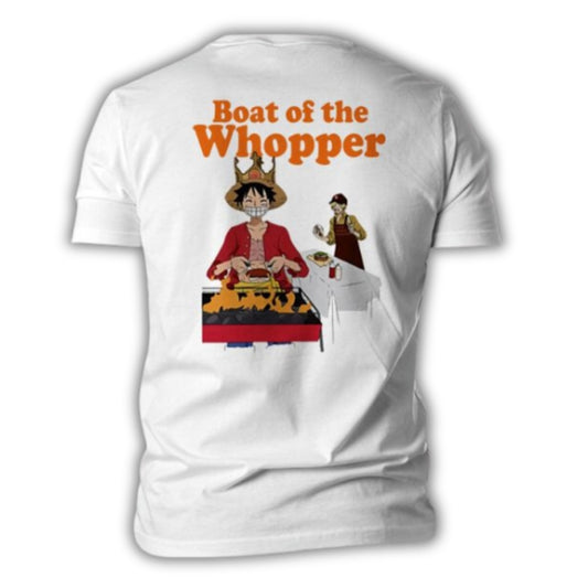 One Piece x Burger King "Home of the Boat Whopper" Limited Edition White T-Shirt featuring Luffy and Sanji.