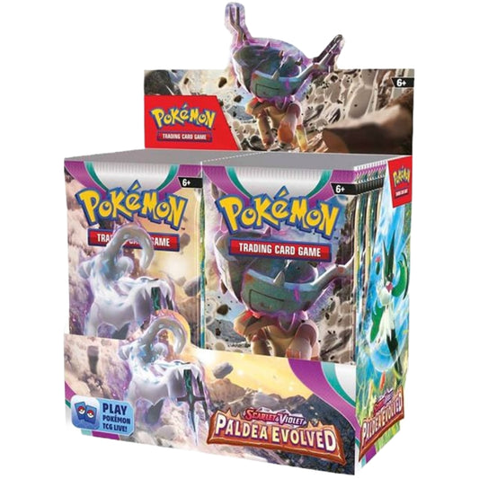 Front angled view of The Pokemon Trading Card Game Scarlet & Violet Paldea Evolved Booster Box.