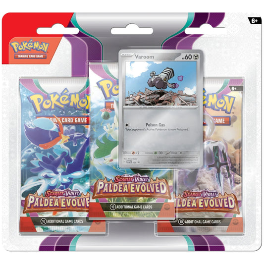 Front view of the Pokemon Trading Card Game Scarlet & Violet Paldea Evolved Triple Blister featuring Varoom.