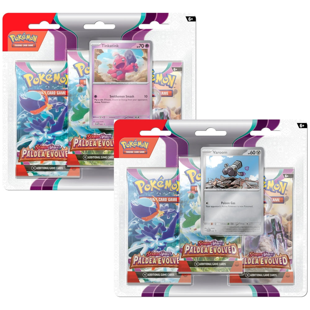 Front view of two of the Pokemon Trading Card Game Scarlet & Violet Paldea Evolved Triple Blisters featuring Tinkatink and Varoom.