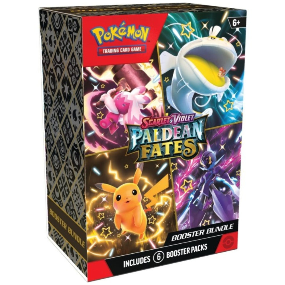Front view of the Pokemon Trading Card Game Scarlet and Violet Paldean Fates Booster Bundle.
