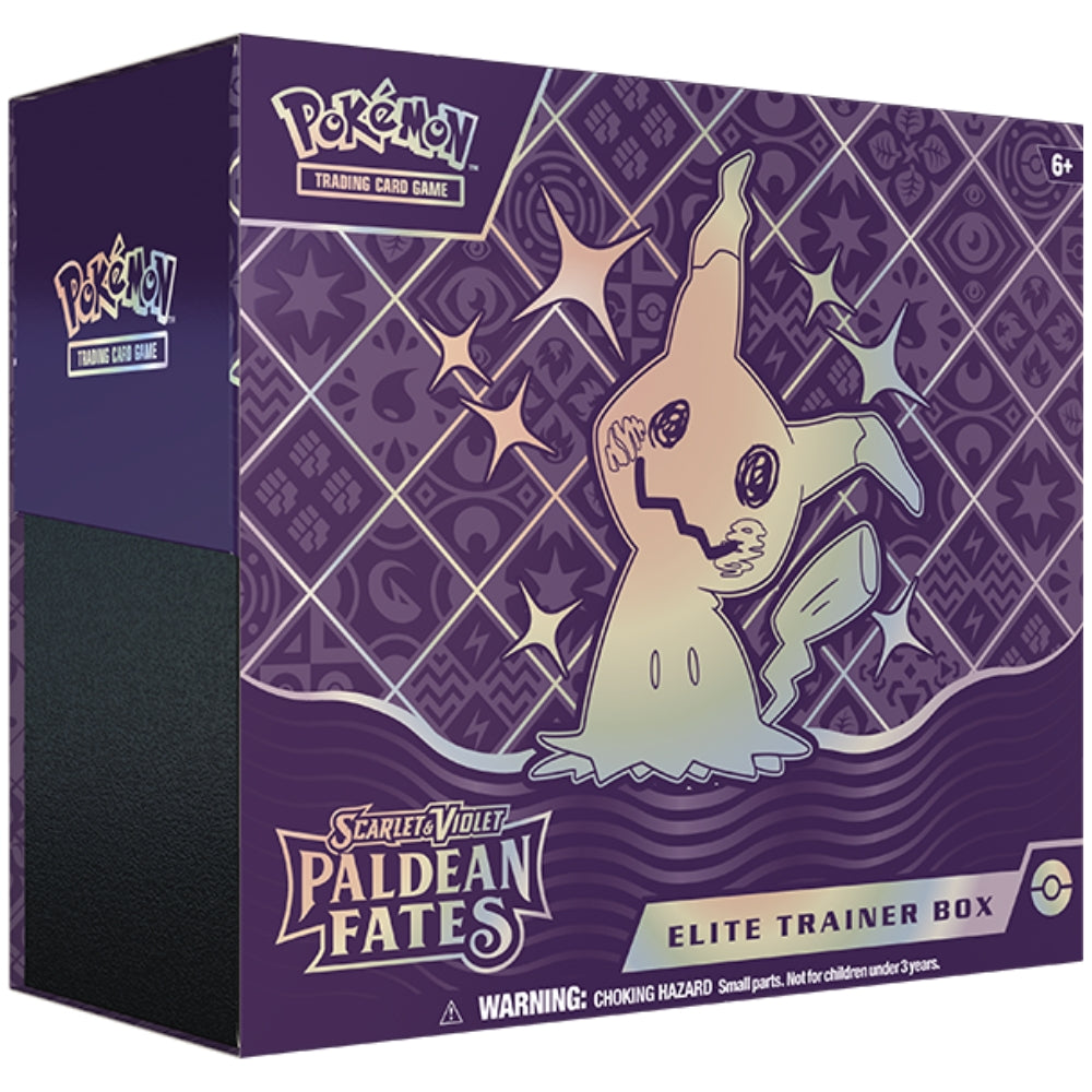 Sealed Paldean Fates Elite Trainer Box featuring Shiny Mimikyu artwork.