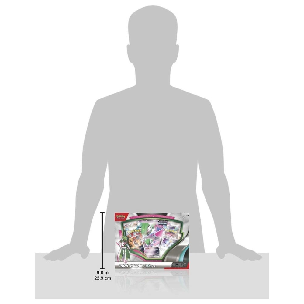Size scale view of The Pokemon Trading Card Game Iron Valiant ex box.