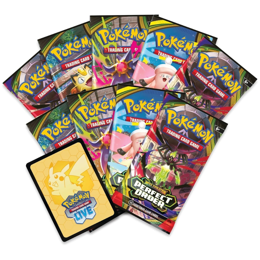 Eight Pokémon TCG Mega Evolution Perfect Order Booster Packs.