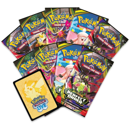 Eight Pokémon TCG Mega Evolution Perfect Order Booster Packs.
