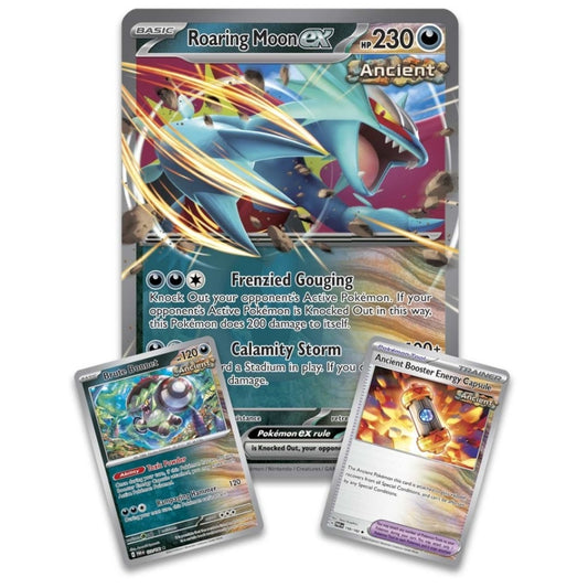 Cards contained in the Pokemon Trading Card Game Scarlet and Violet Roaring Moon ex Box include a Jumbo Roaring Moon ex Card as well as two standard size cards featuring Brute Bonnet and Ancient Booster Energy Capsule.