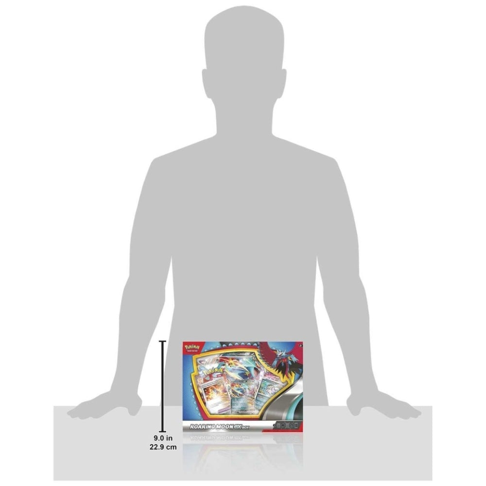 Size scale view of the Pokemon Trading Card Game Scarlet and Violet Roaring Moon ex Box.