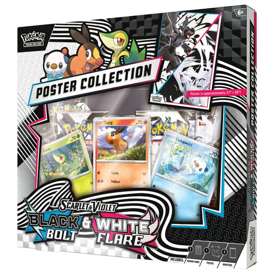 Pokémon TCG Black Bolt & White Flare Poster Collection box with foil promo cards and booster packs.