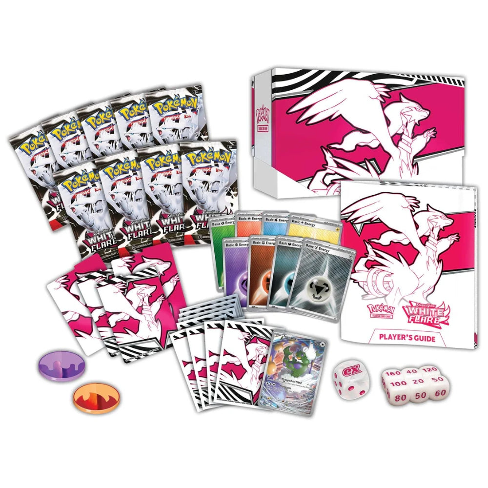 Contents of the White Flare Elite Trainer Box including booster packs and accessories
