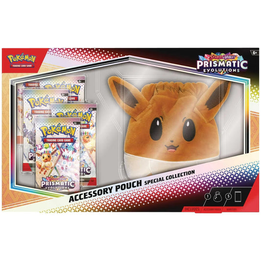 Pokémon TCG Prismatic Evolutions Accessory Pouch Special Collection box featuring Eevee artwork.