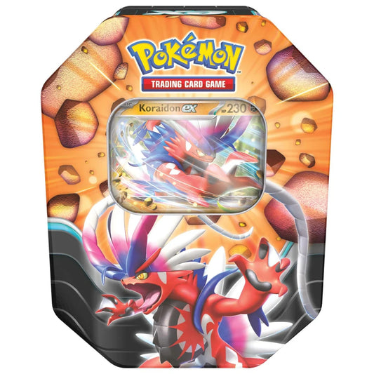 Pokémon TCG Slashing Legends EX Tin featuring Koraidon EX artwork.