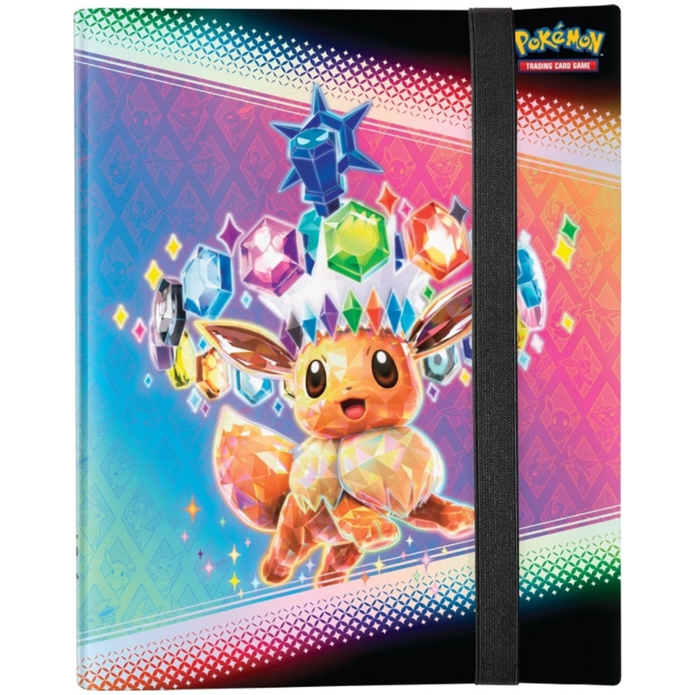 Front view of the binder Featured in The Pokemon Trading Card Game Scarlet and Violet Prismatic Evolutions Binder Collection.