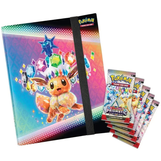Binder and Booster Packs Featured in The Pokemon Trading Card Game Scarlet and Violet Prismatic Evolutions Binder Collection.