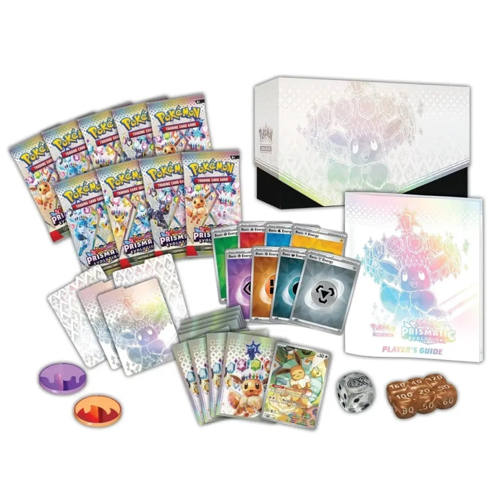 Prismatic Evolutions ETB contents: booster packs, Eevee sleeves, Energy, dice, and player’s guide.