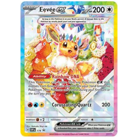 Full-art foil promo card featuring Eevee ex from the Prismatic Evolutions Super Premium Collection.