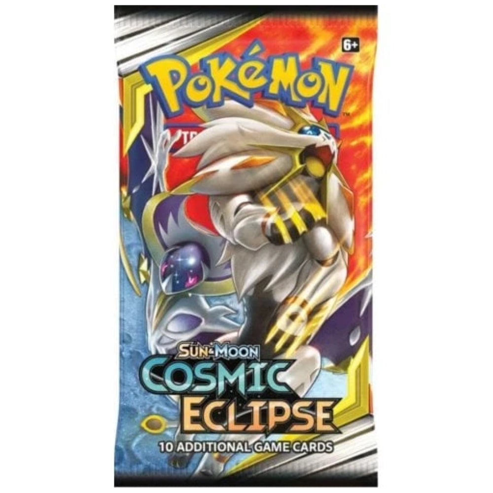 Front of Pokémon Cosmic Eclipse booster pack with assorted designs.