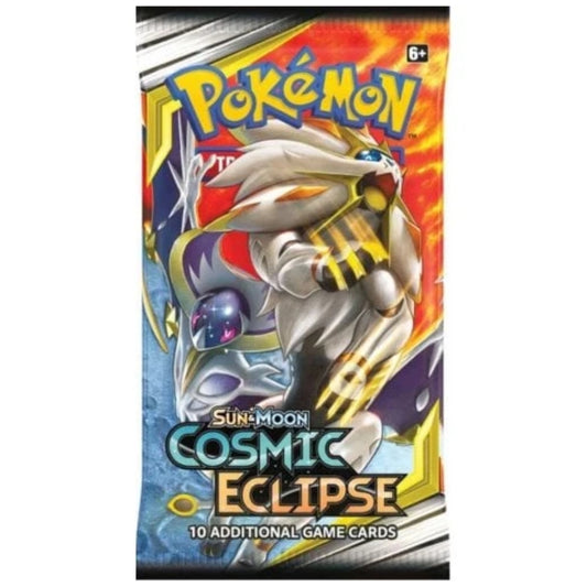 Front of Pokémon Cosmic Eclipse booster pack with assorted designs.