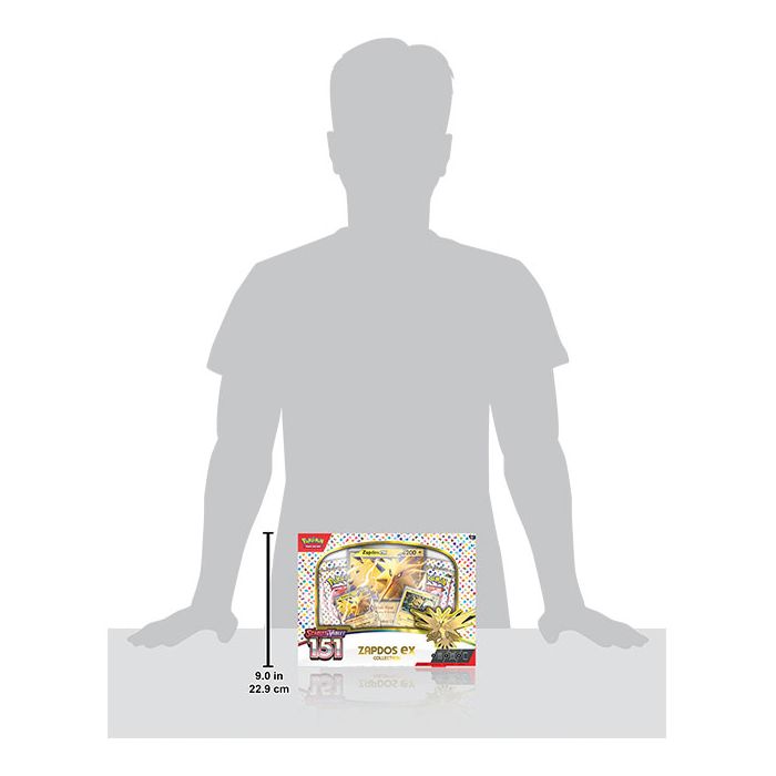 Size scale of the Pokémon TCG Scarlet & Violet 151 Zapdos ex Collection.