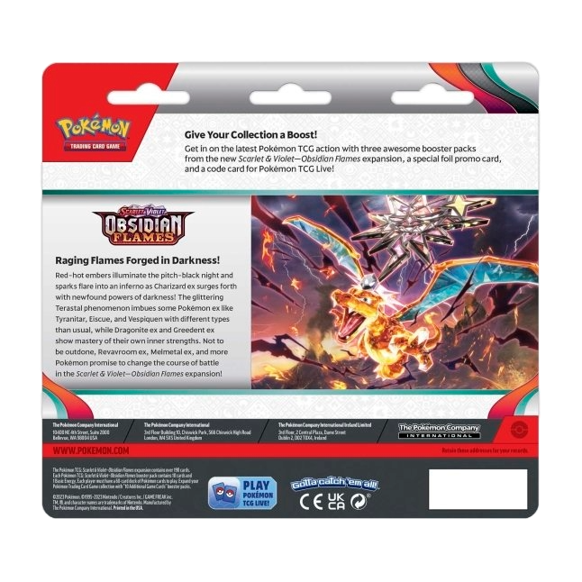 Rear view of the Pokemon Trading Card Game Scarlet and Violet Obsidian Flames Triple Blister, featuring Charizard and includes promo card and 3 Obsidian Flames Booster Packs.